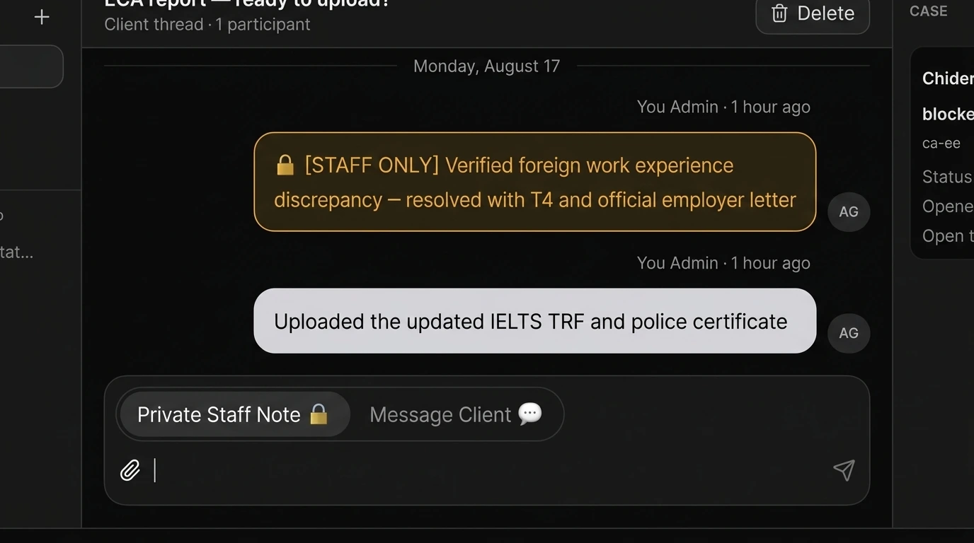 A case thread: agent notes and client replies logged against the same file